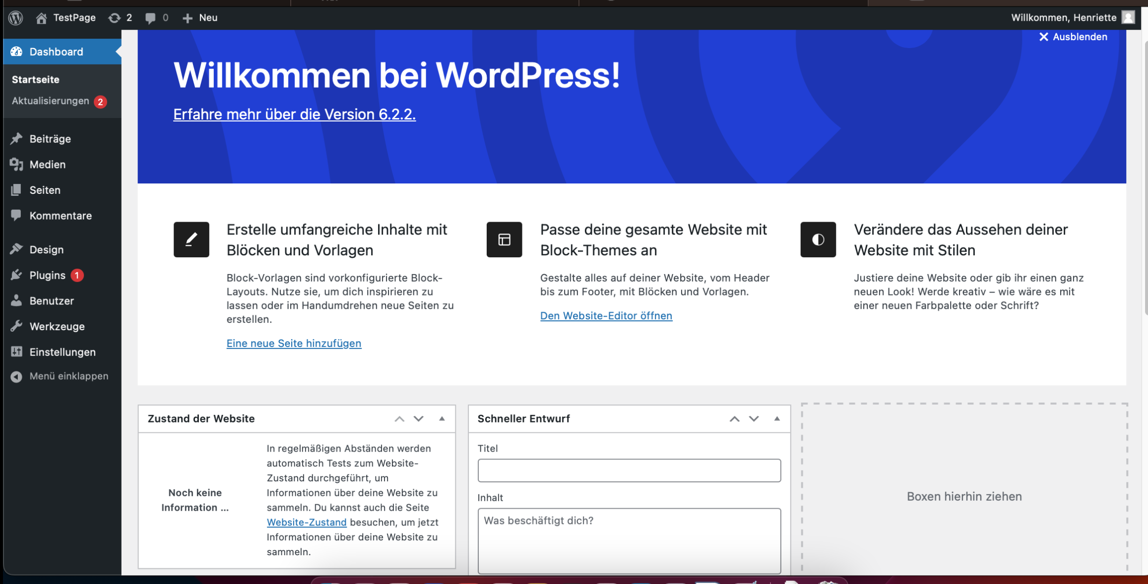 Wordpress-Backend nach der ersten Anmeldung