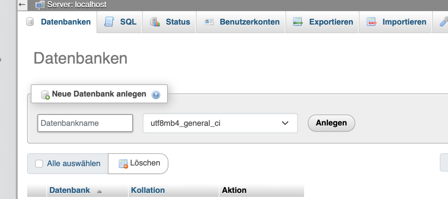 phpmyadmin: neue Datenbank anlegen