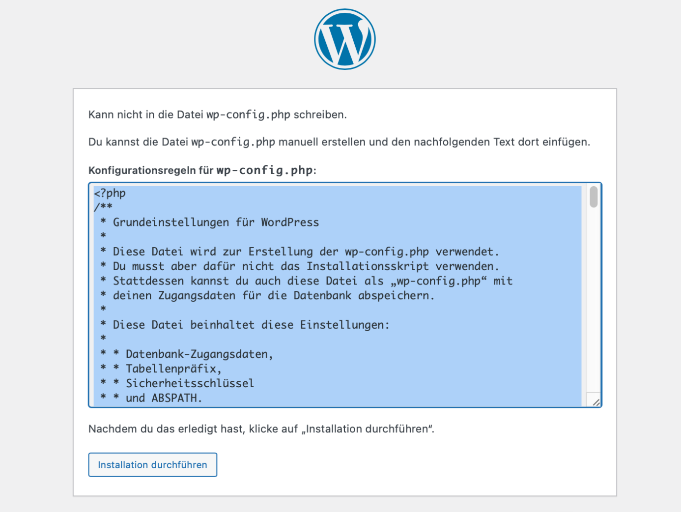 Secreenshot: während der Installation von Wordpress wird der Inhalt für die Datei wp-confi.php forgeschlagen