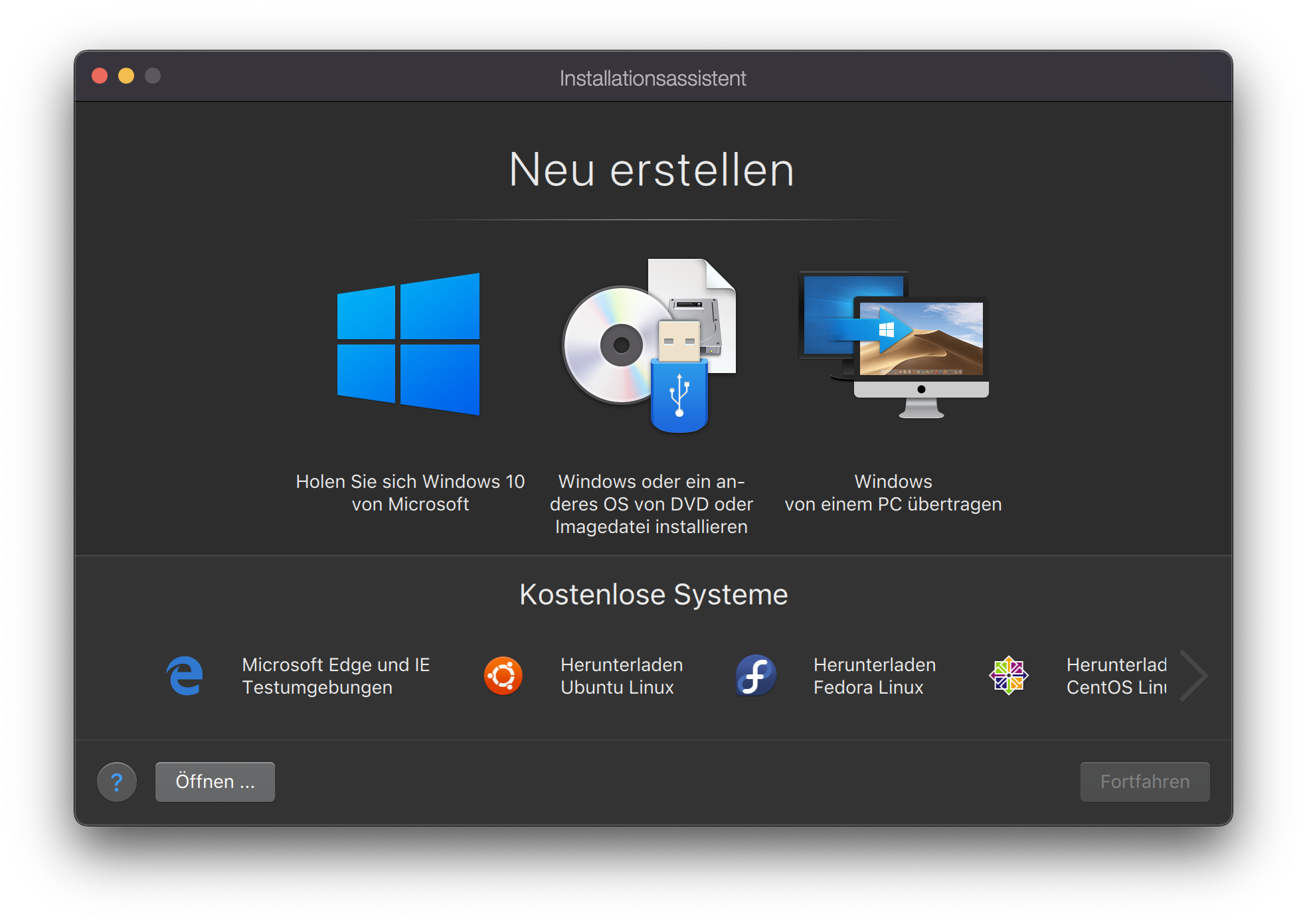 bild: Mac, Parallels-Desktop Startfenster zum Erstellen einer neuen VM