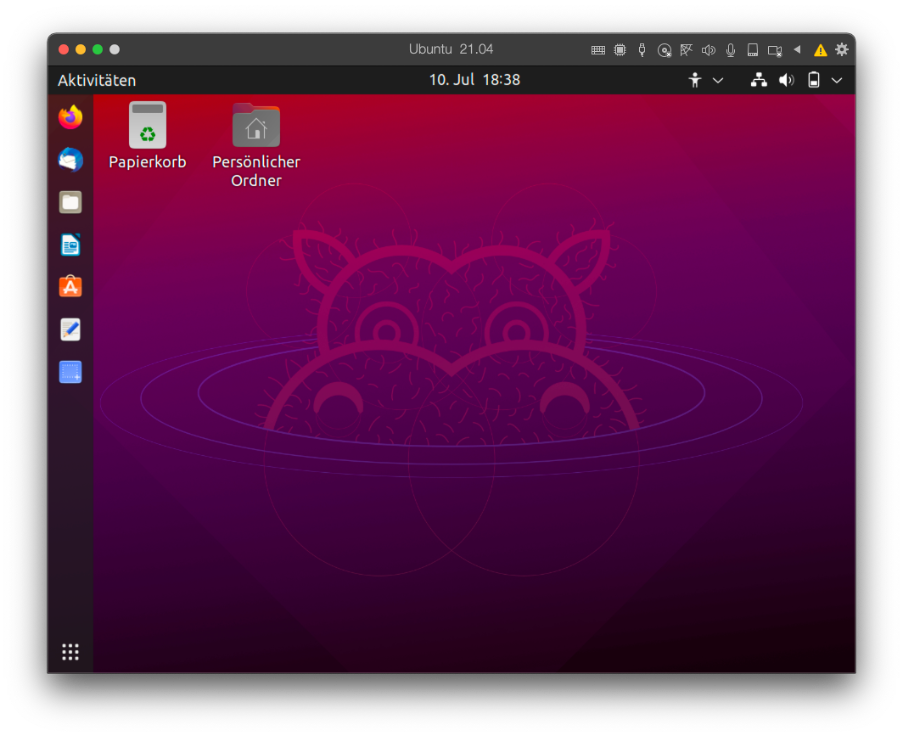 Ubuntu-Desktop mit Parallels- Menülieste und gelbem Hinweissymbol