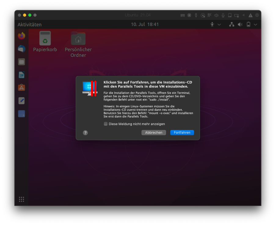 bild: Ubuntu-Desktop mit Dialogfenster Parallels-Tools, Option Fortfahren