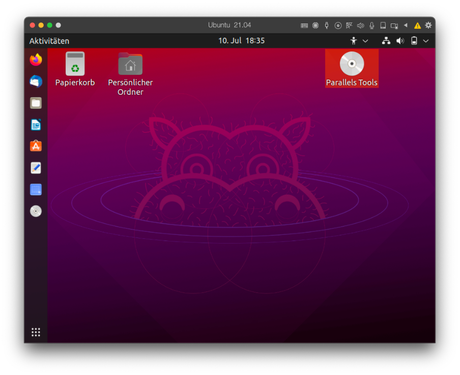bild: Ubuntu- Desktop mit Icon der eingelegten Parallels-Tools-CD