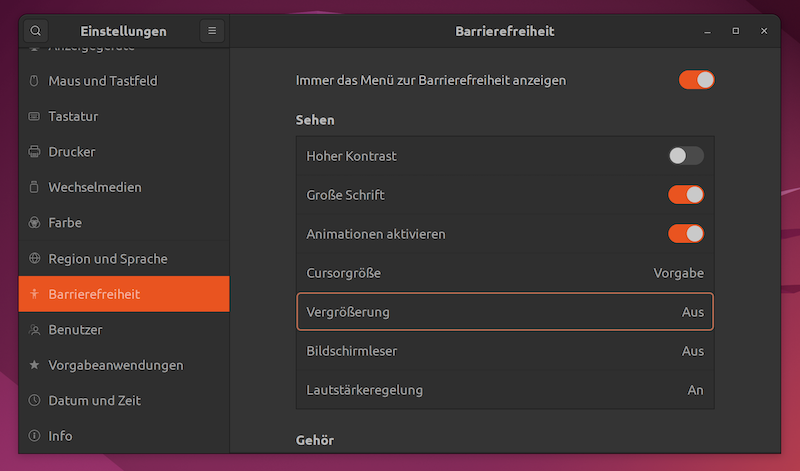 screenshot: Ubuntu-Einstellungen-Barrierefreiheit
